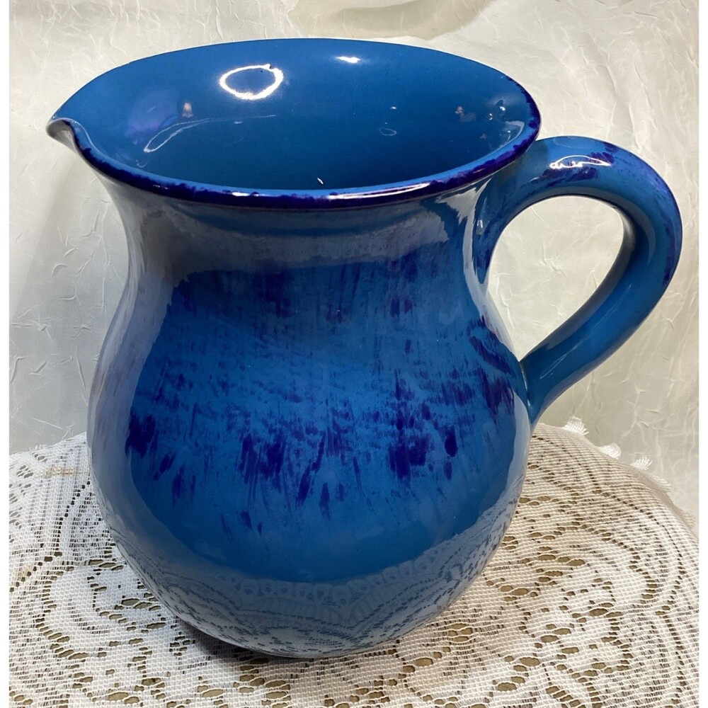 Vintage Bright Two Tone Blue Italian Pitcher With Handle Red ware 7.5" Tall